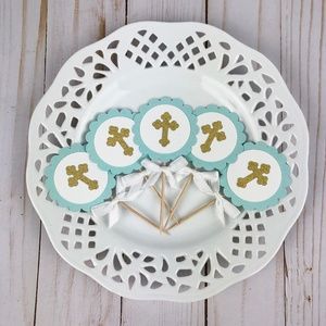 Baptism Boy Blue Gold Cross Cupcake Toppers 12 ct